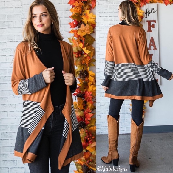 B41W🤎🖤New! Gorgeous tobacco+ black open front cardigan w/black+gray accents! - Picture 7 of 8